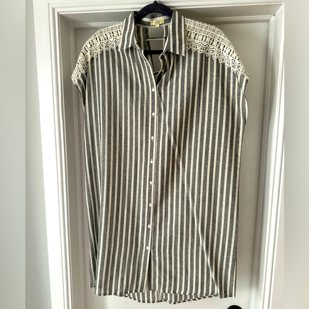 Striped Shirt Dress with Embroidered Shoulder Details